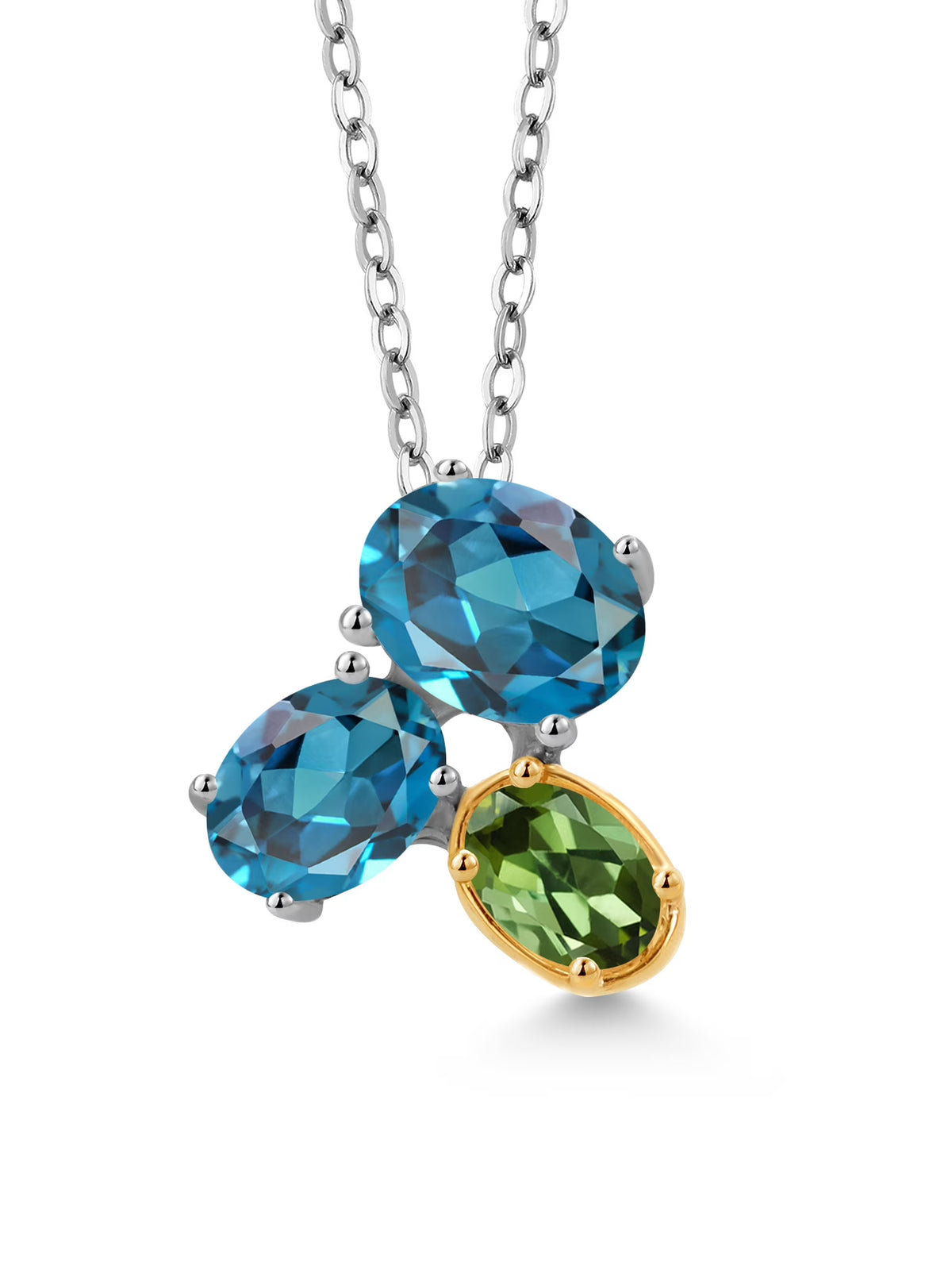925 Silver 10K Yellow Gold London Blue Topaz Green Tourmaline Pendant Necklace with 18 inch Chain Y9874