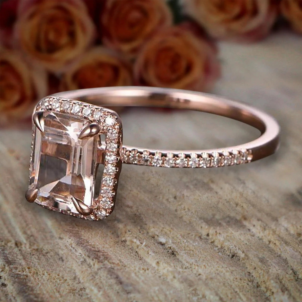 1.75 Carat Peach Pink Morganite Diamond Moissanite Halo Engagement Ring with 18k Gold Plating K57292