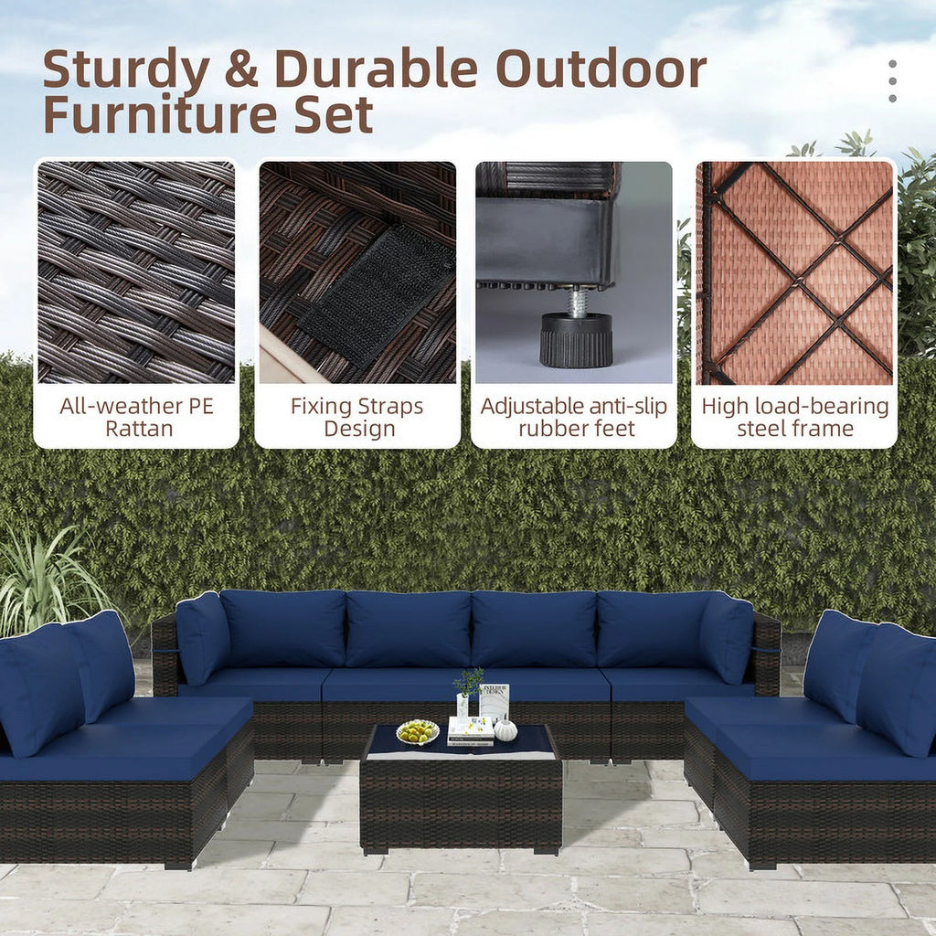 9 Piece PE Rattan Patio Furniture Set with Cushion and Glass Table T94074