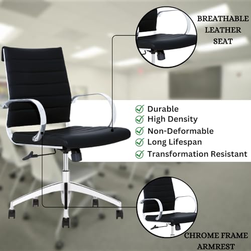 Black Ribbed Mid Back Conference Room Chairs with 360 Swivel Rolling Wheels (Pack of 8) G9436