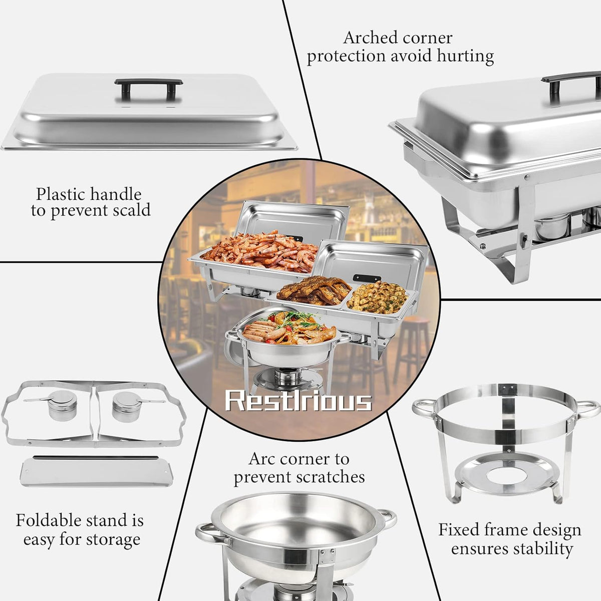 5 Pk Stainless Steel Chafing Dish Set with Full & Half Size Food Pan T288396