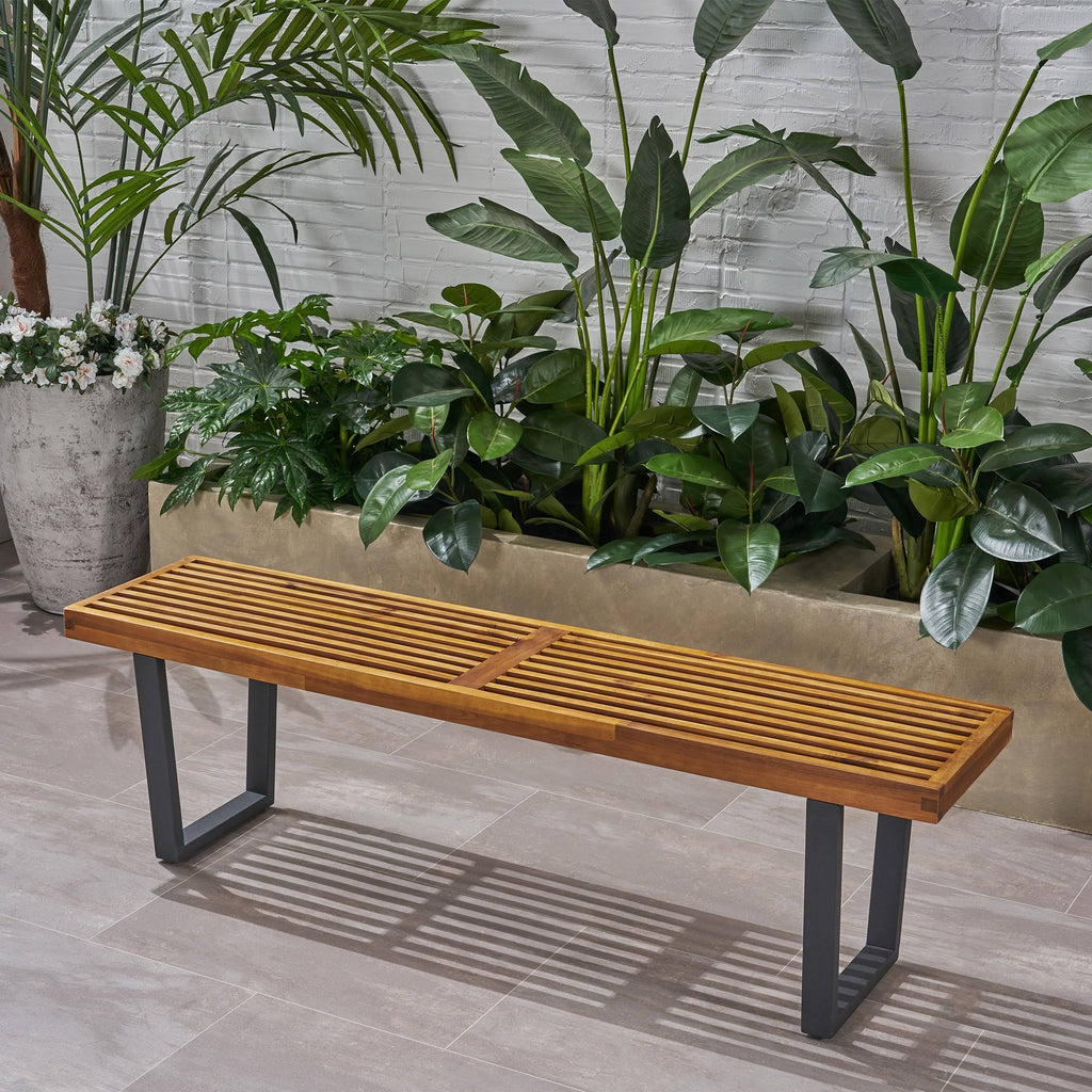 Teak Finish Acacia Wood Patio Dining Bench with Iron Legs S364397