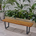 Teak Finish Acacia Wood Patio Dining Bench with Iron Legs S364397