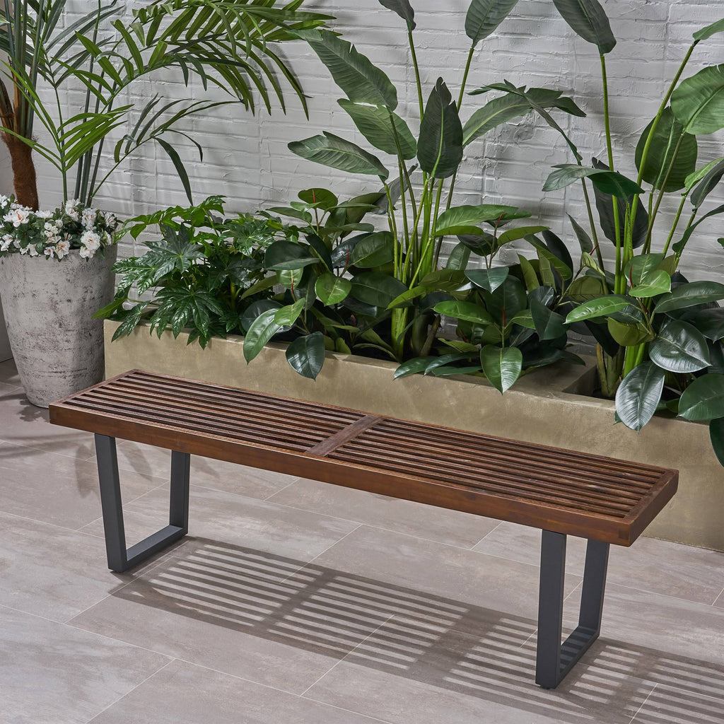 Teak Finish Acacia Wood Patio Dining Bench with Iron Legs S364397