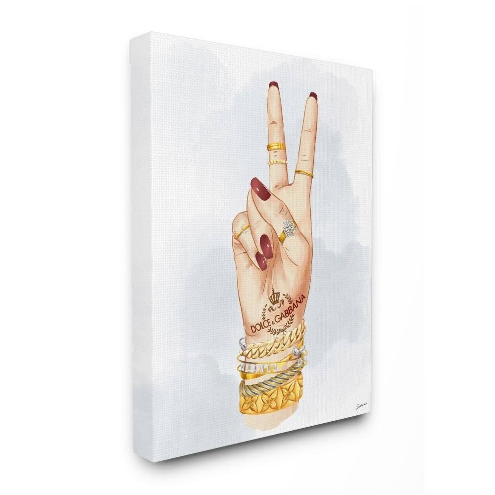 Peace Hand Sign Figurative Print on Canvas Off-White B2328