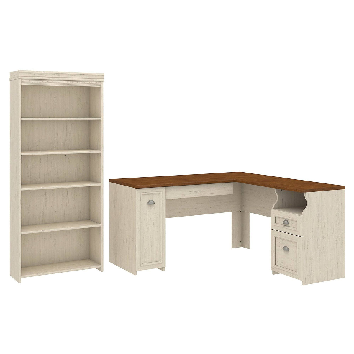 Antique White L-Shaped Desk and 5-Shelf Bookcase A285