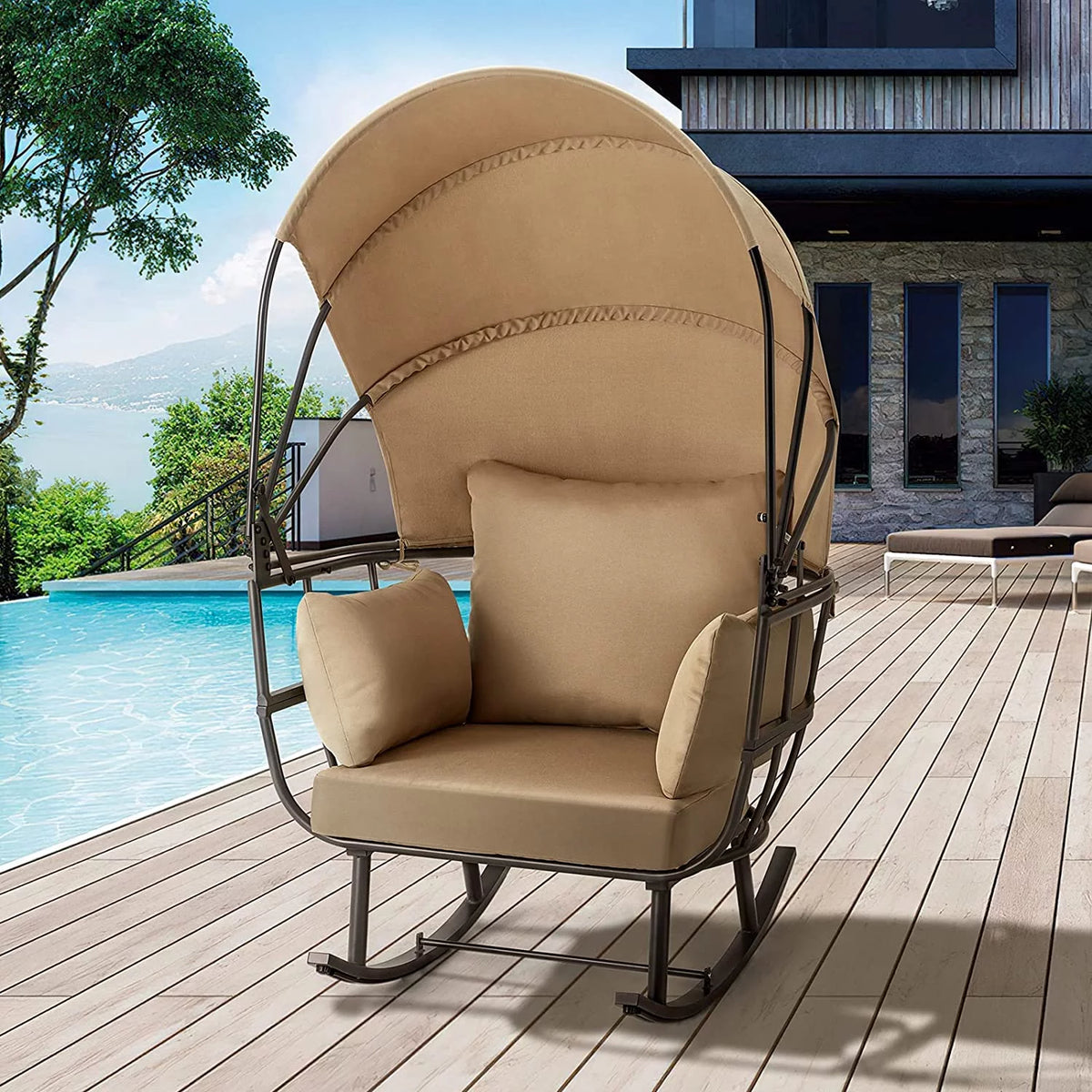 Patio Rocking Sofa Chair with Folding Canopy and Cushion G81641