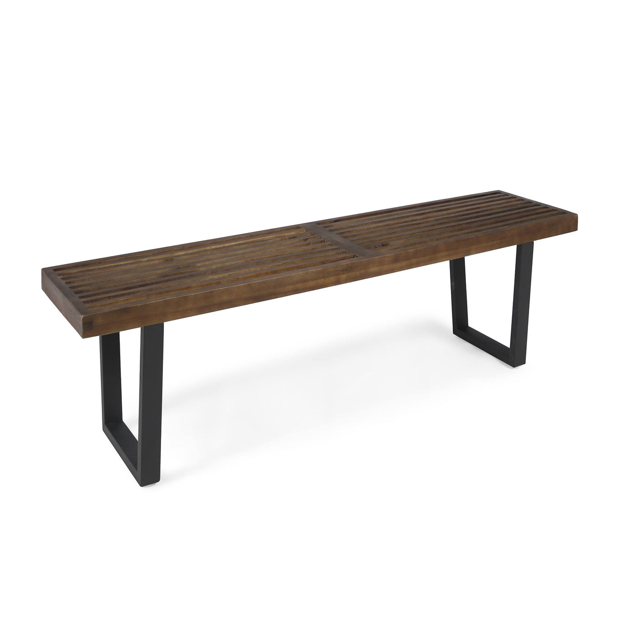 Teak Finish Acacia Wood Patio Dining Bench with Iron Legs S364397