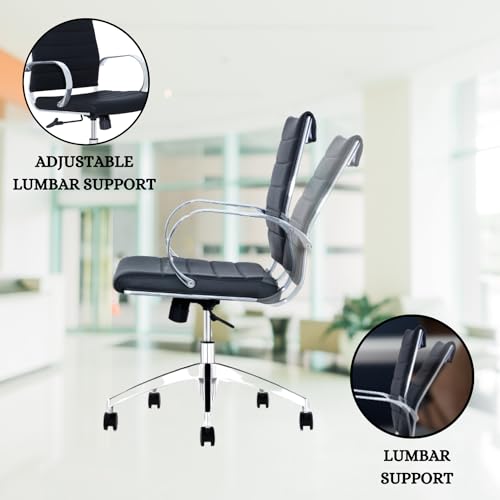 Black Ribbed Mid Back Conference Room Chairs with 360 Swivel Rolling Wheels (Pack of 8) G9436
