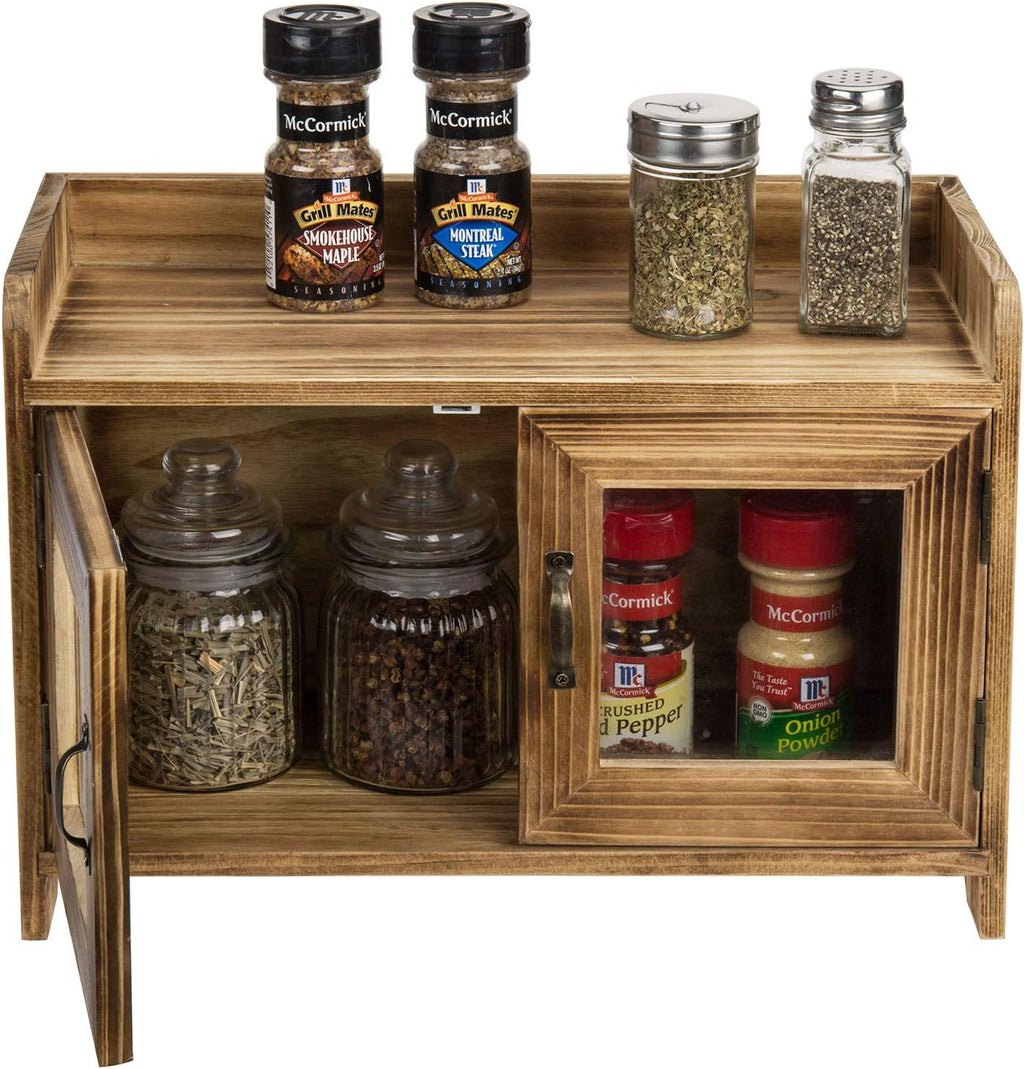 Dark Brown Wood Counter Top Storage Cabinet with Glass Windows S284