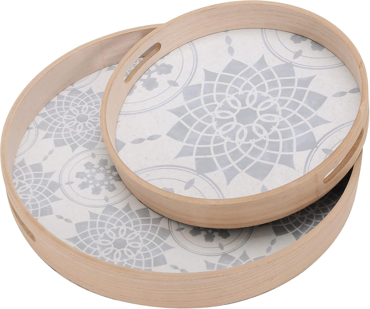 Set of 2 Round Wooden Serving Trays with Handles R133