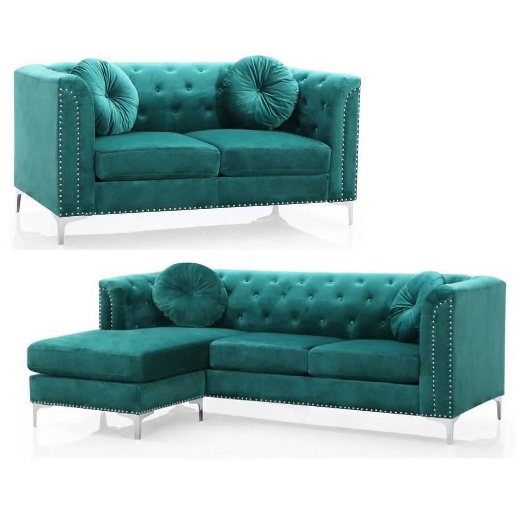 Velvet Sofa Chaise and Loveseat 2-Piece Set in Green V70021