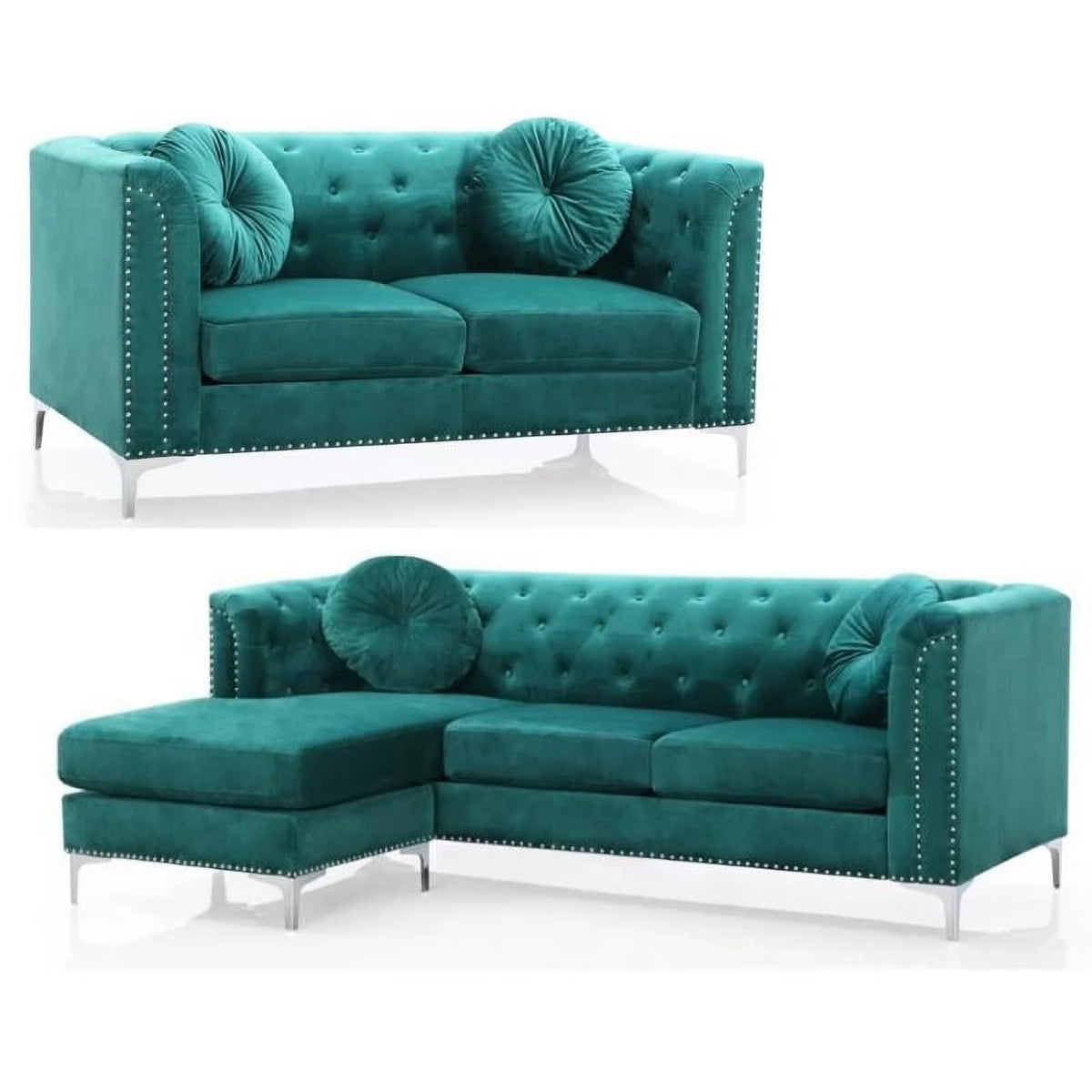 Velvet Sofa Chaise and Loveseat 2-Piece Set in Green V70021