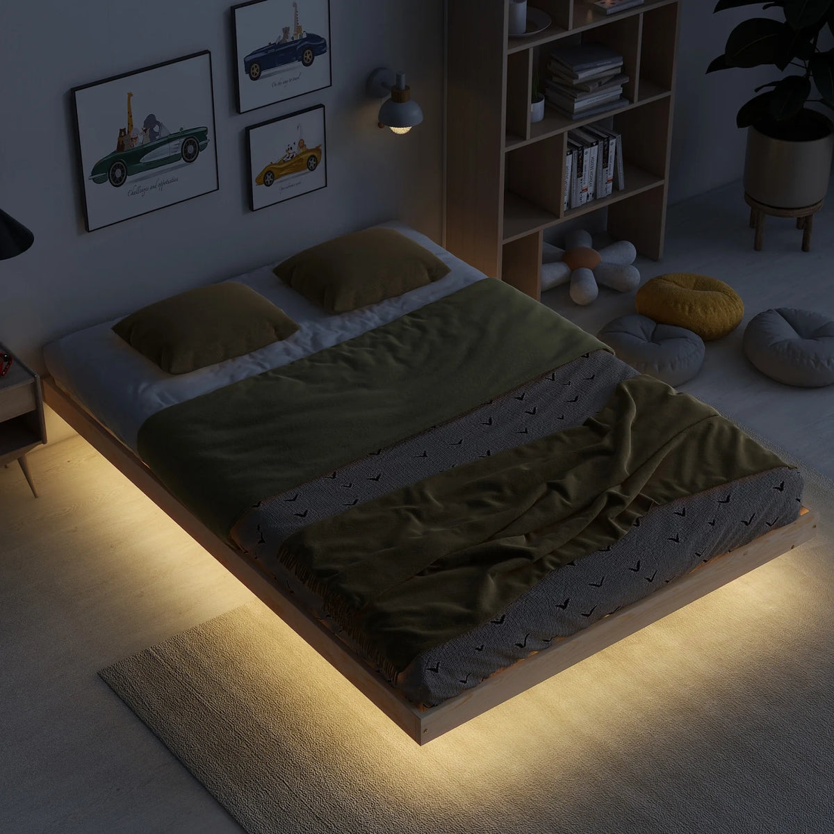 Full Size Grey Pinewood Floating Platform Bed with LED Lights X26070