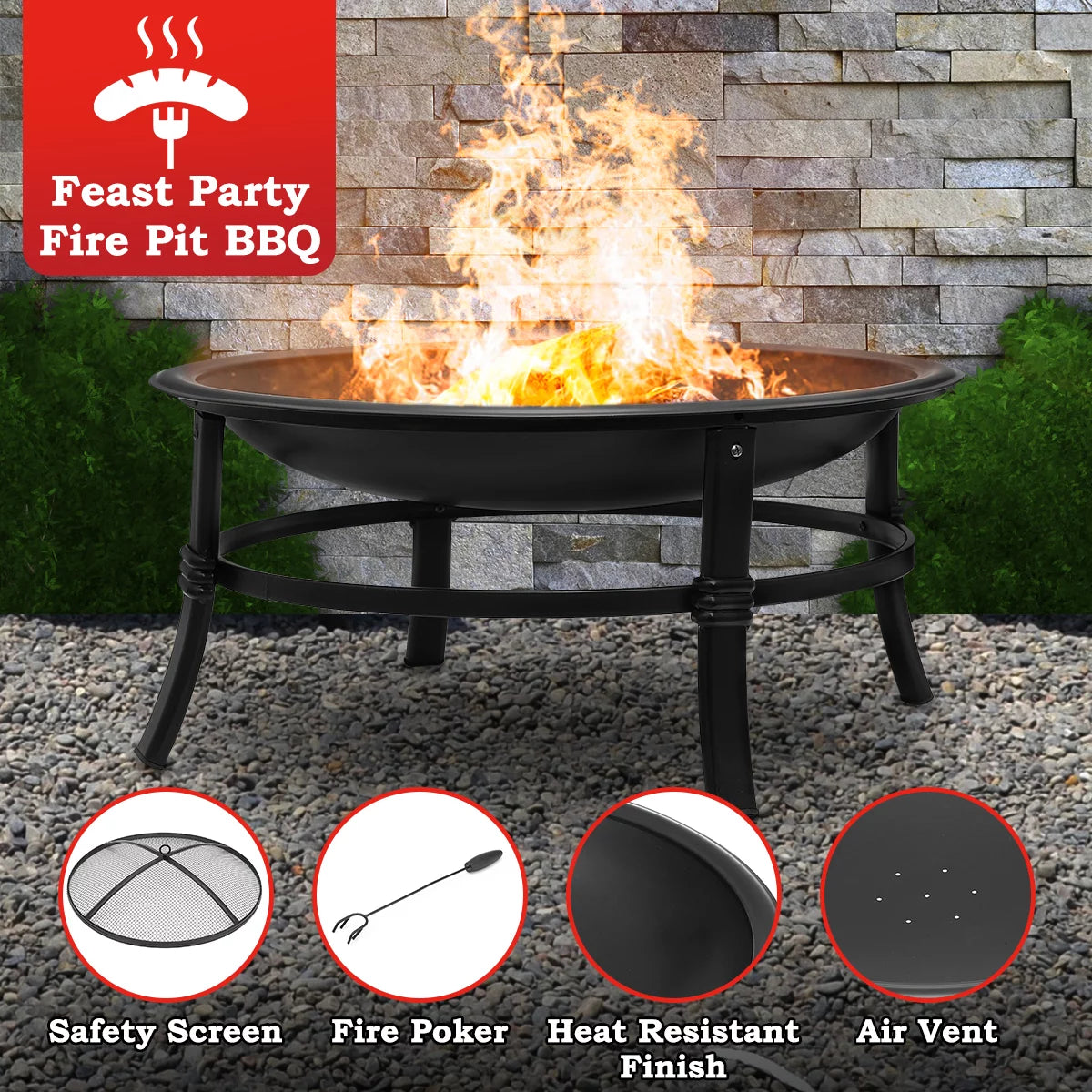 26 inch Portable Wood Burning Fire Pit with Log Grate, Poker D405