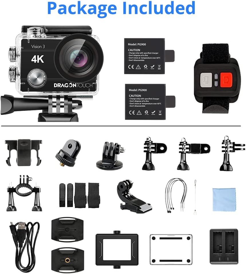4K Action Camera 16MP Ultra HD Waterproof 170° Wide Angle 4X Zoom Sports Camcorder with Remote Control 2 Batteries Helmet Accessories Pack of 2 G3511