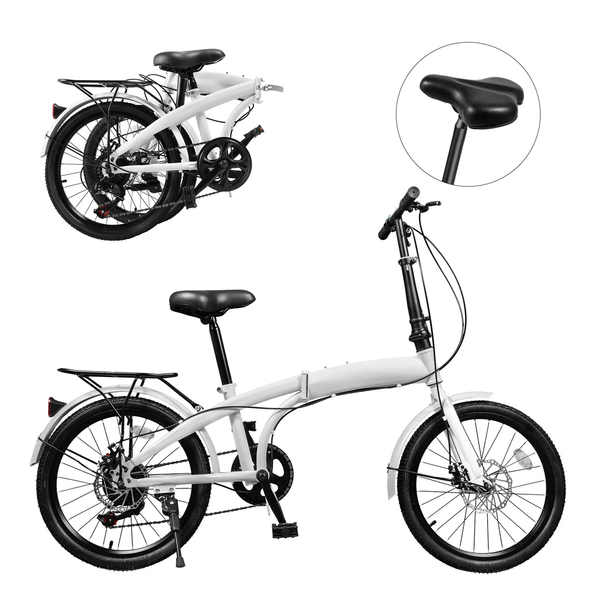 20 inch White Folding Bike with 7-Gear Disc Brakes Aluminum Alloy A8479
