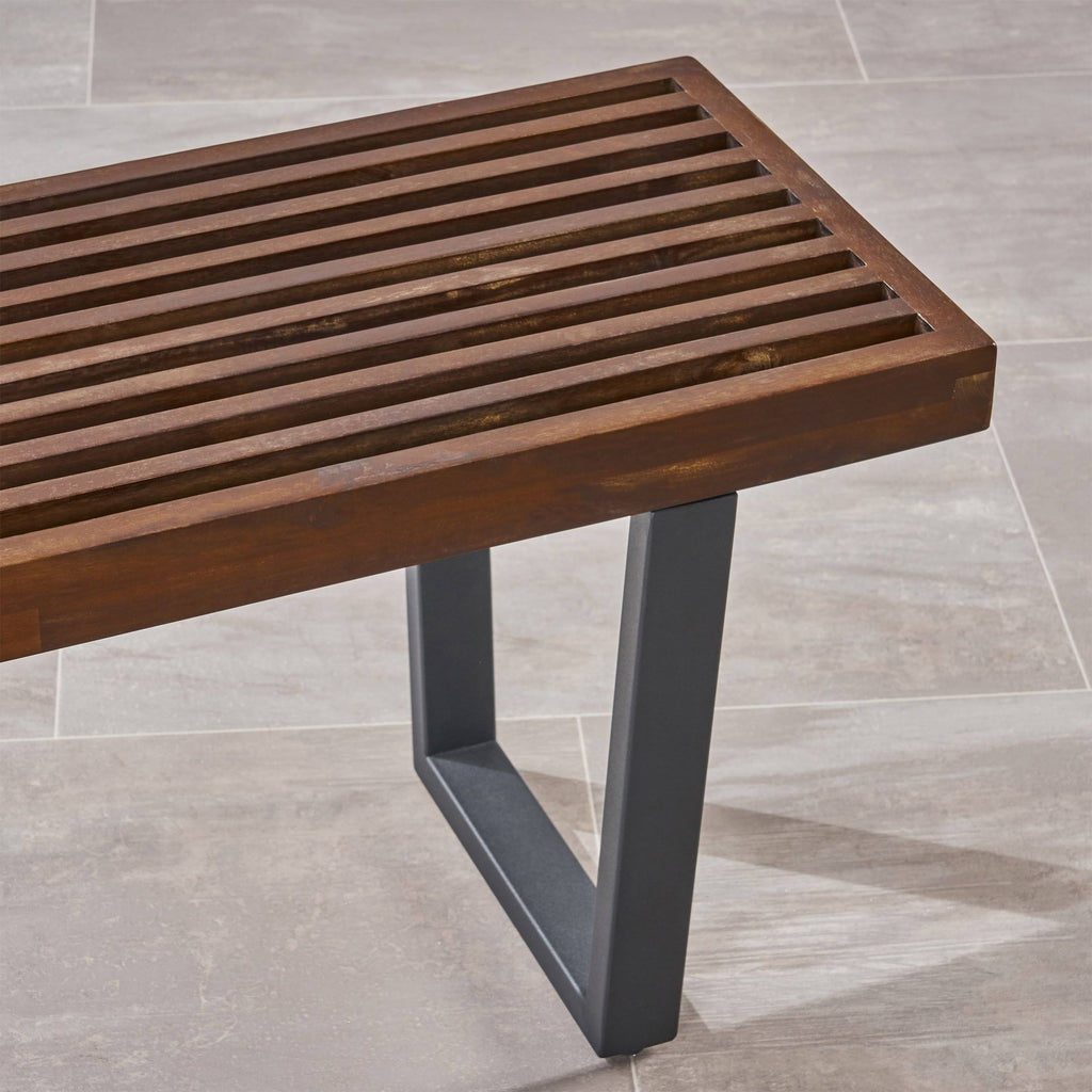 Teak Finish Acacia Wood Patio Dining Bench with Iron Legs S364397