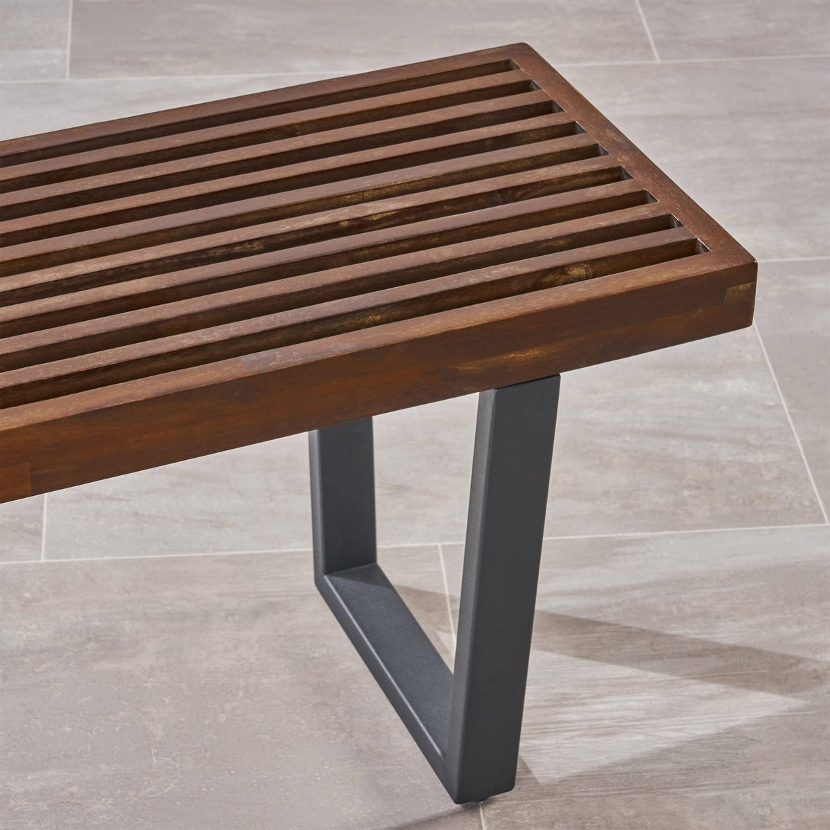 Teak Finish Acacia Wood Patio Dining Bench with Iron Legs S364397