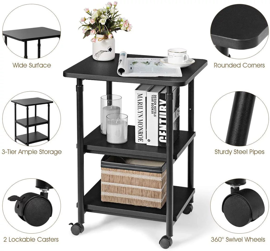 3-Tier Adjustable Rolling Printer Stand with 2 Storage Shelves A3810