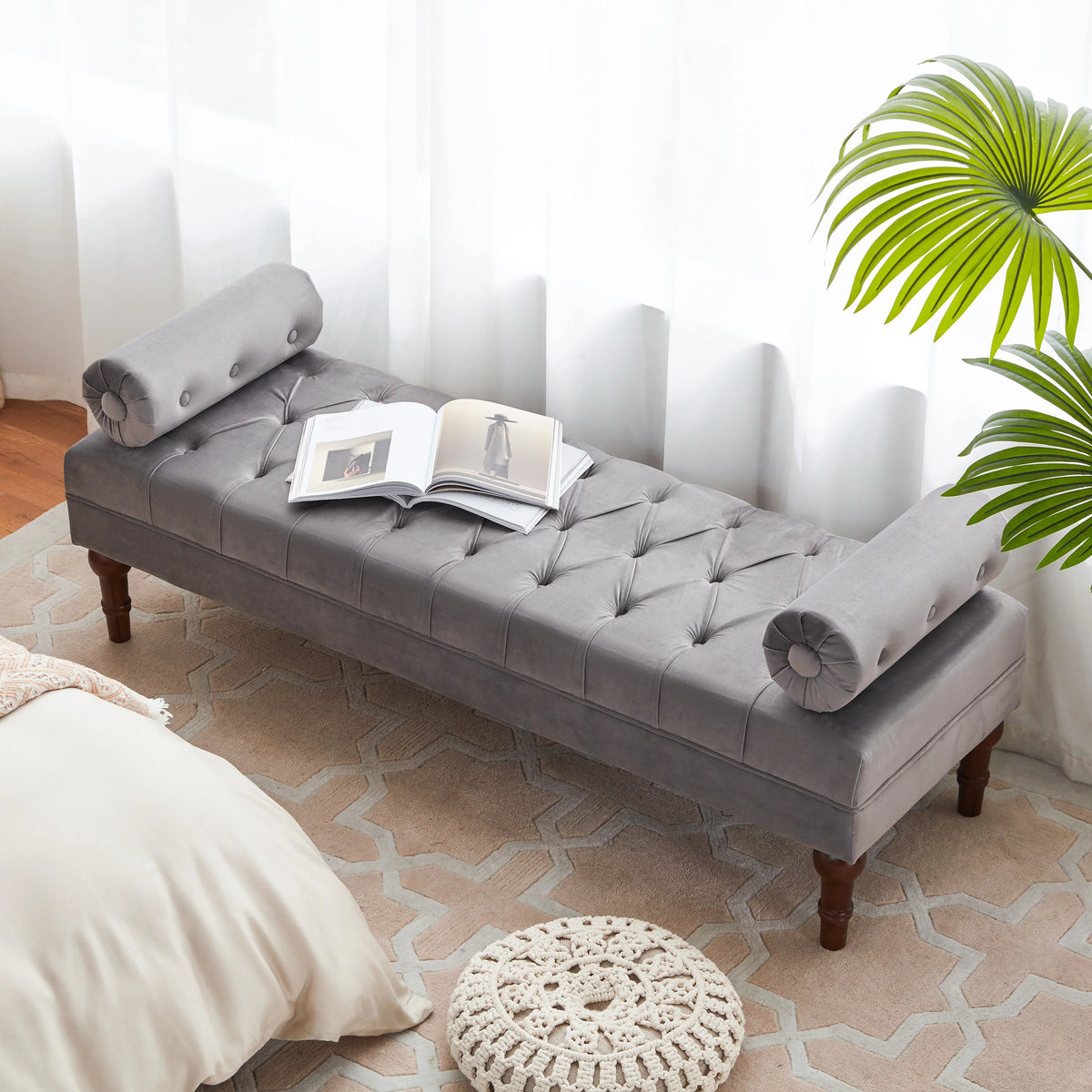 60.2 Inch Grey Tufted Upholstered Bench with 2 Pillows S170