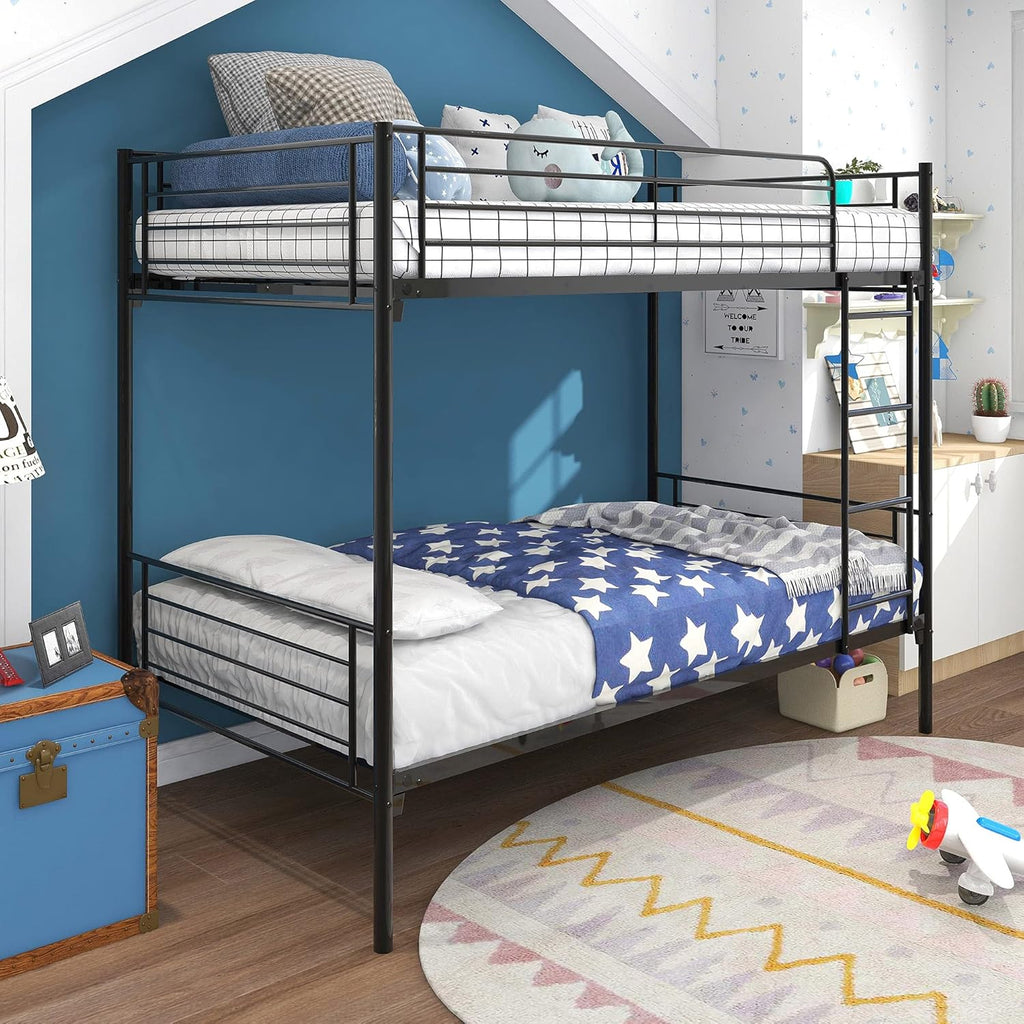 White Twin Over Twin Metal Bunk Bed Frame, Heavy Duty, Easy to Assemble I3266