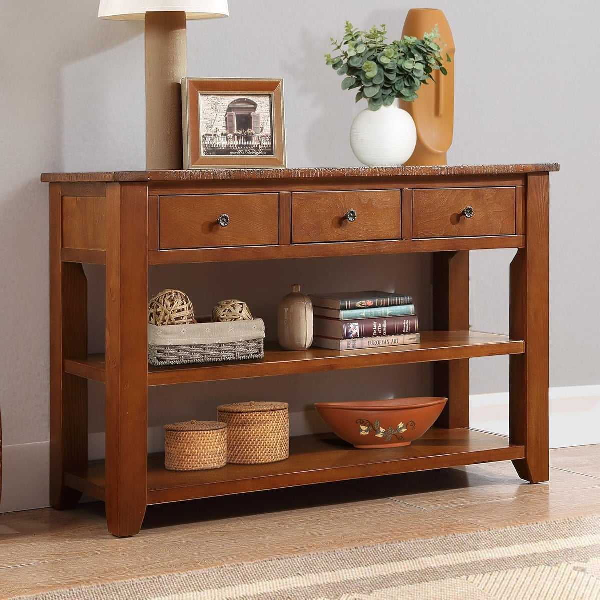 Long Console Table with 3 Storage Drawers and Double Bottom Open Shelves, 50" W x 16" D x 30" H, Brown S490210