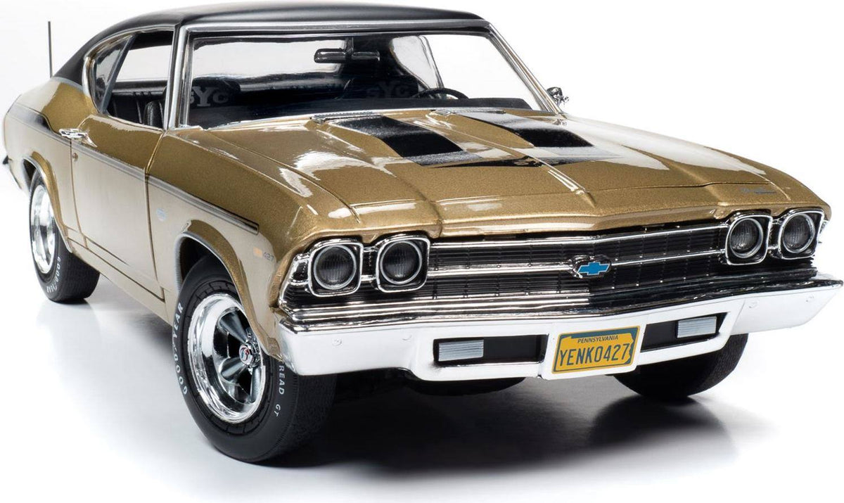 1969 Chevrolet Chevelle Yenko Hardtop Olympic Gold Metallic with Black Top and Black Stripes 1/18 Model Car Y3295