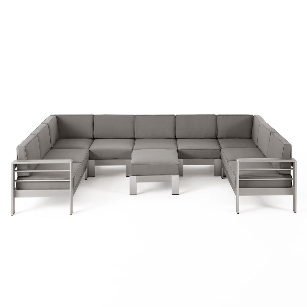 Silver and Khaki Outdoor Aluminum 9 Seater Sectional Sofa Set with Ottoman M6226