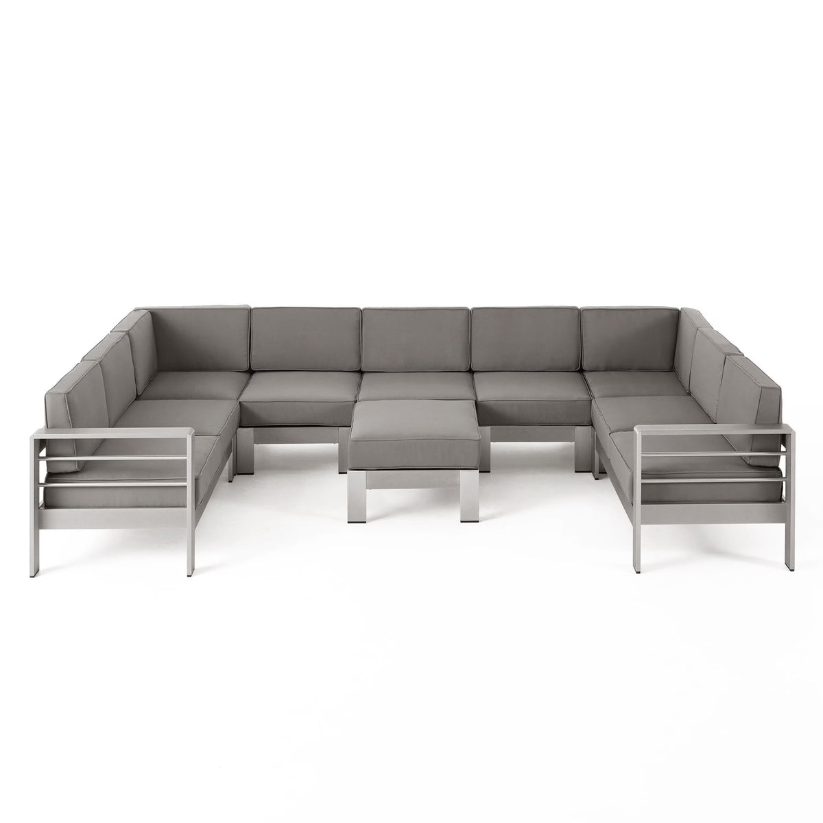 Silver and Khaki Outdoor Aluminum 9 Seater Sectional Sofa Set with Ottoman M6226