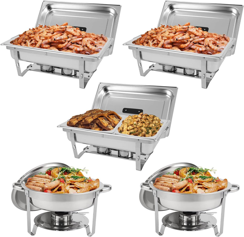 5 Pk Stainless Steel Chafing Dish Set with Full & Half Size Food Pan T288396