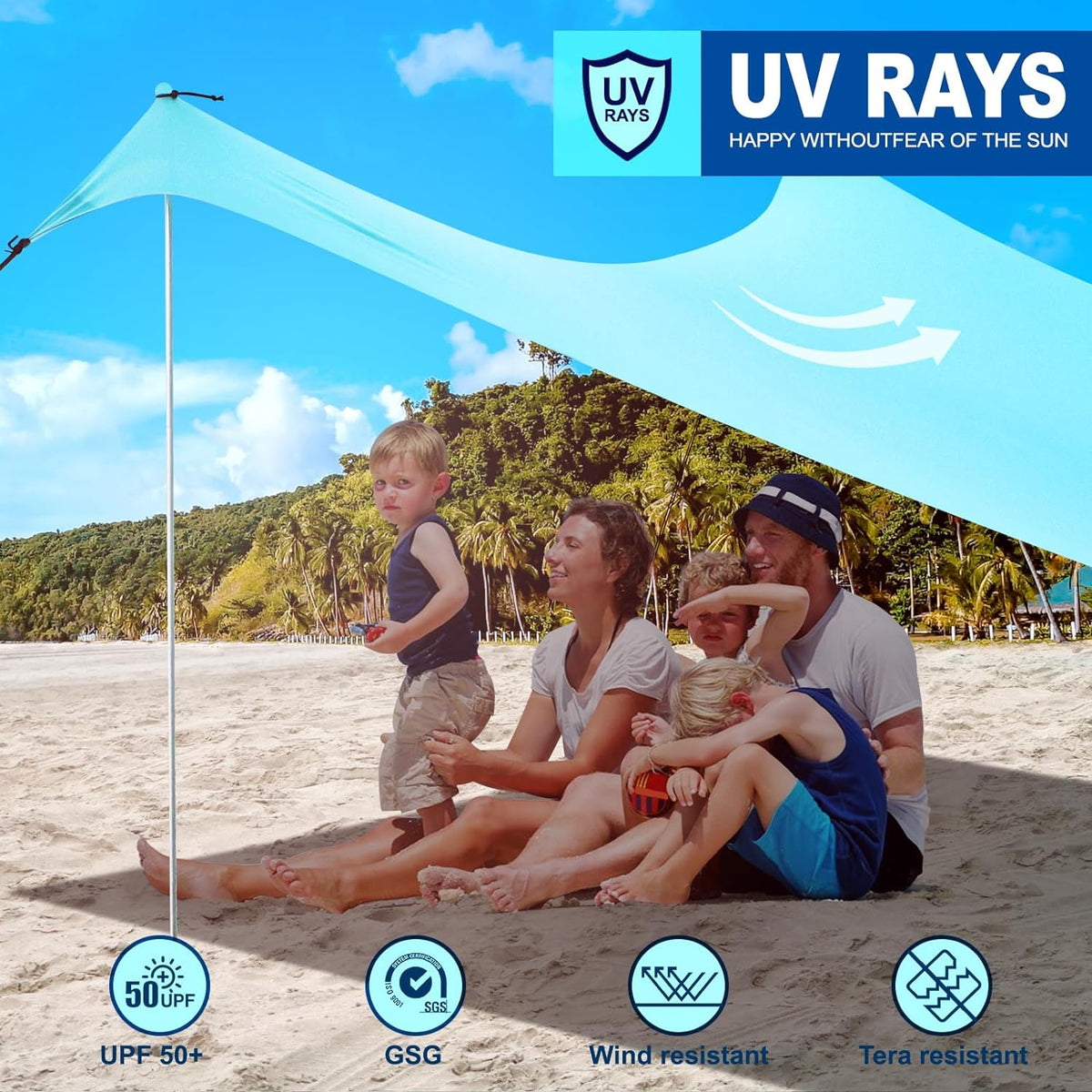 10×10FT Windproof Beach Canopy with 4 Aluminium Pole and 8 Sandbags V88441