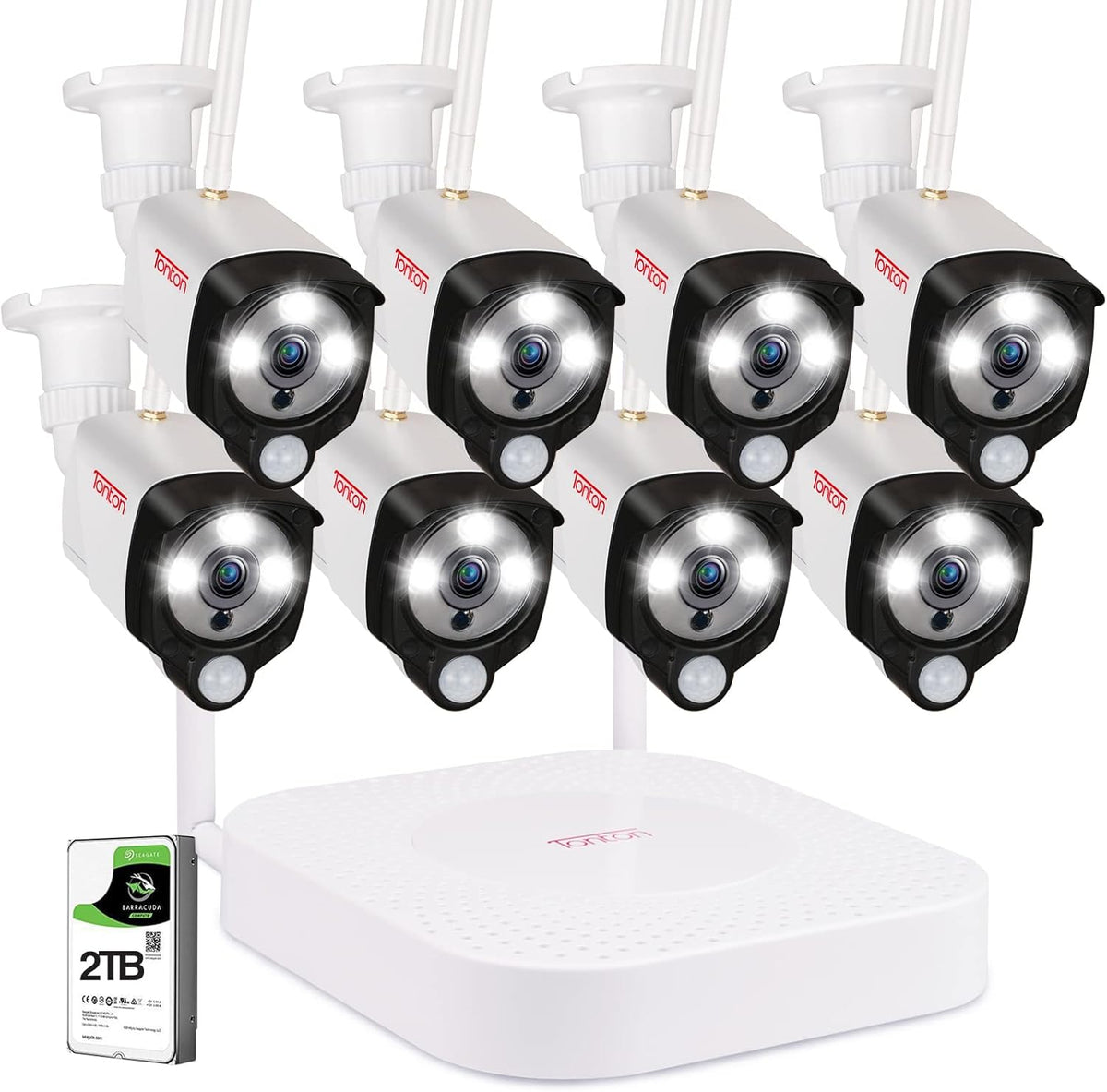 8CH 5MP NVR with 2TB HDD and 8PCS 3MP Outdoor Bullet Cameras with PIR Sensor, Floodlight, White Y862107