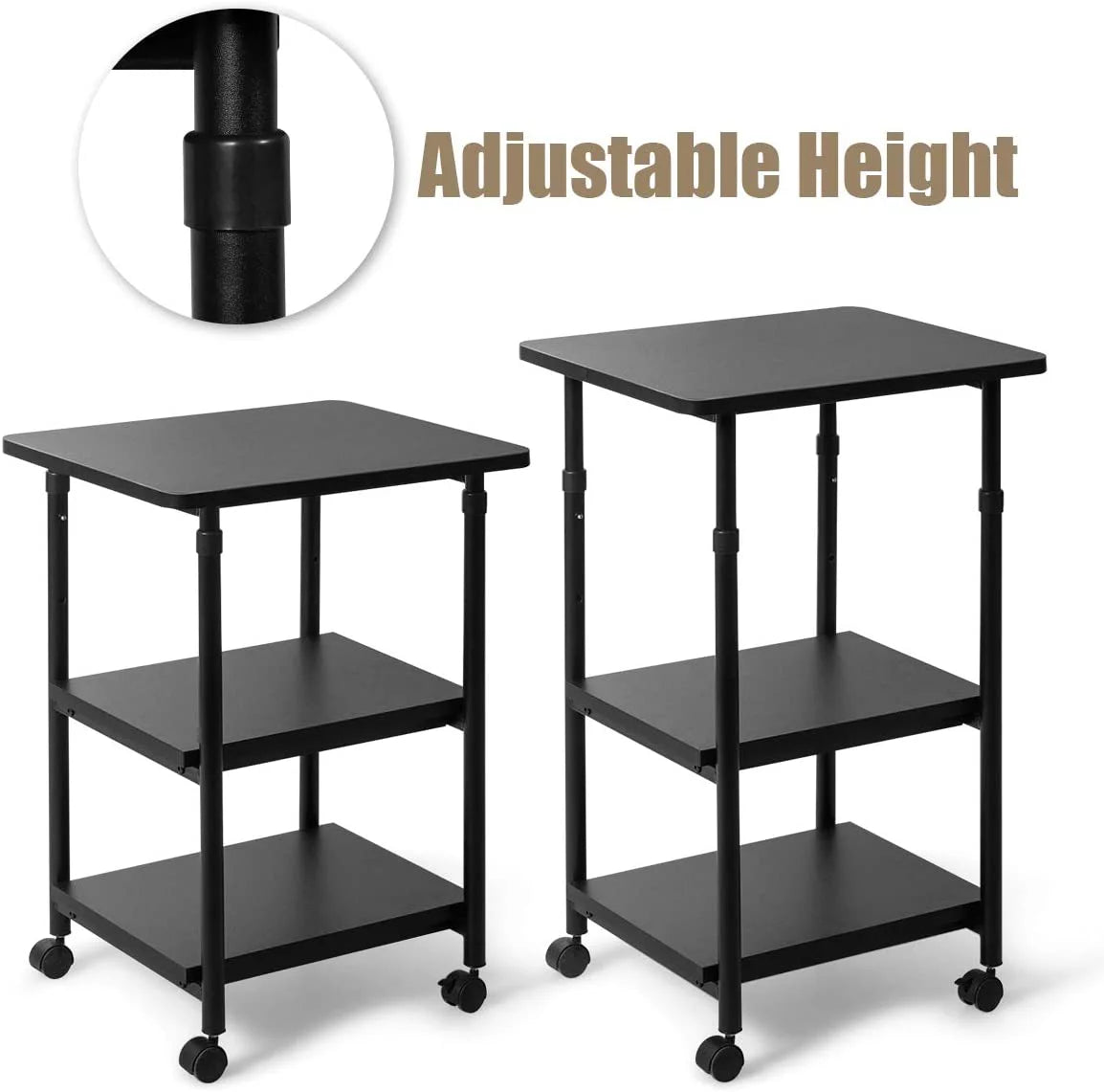3-Tier Adjustable Rolling Printer Stand with 2 Storage Shelves A3810