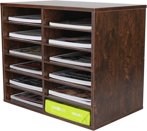 12 Compartments Black White Wood Desktop Literature Organizer E850
