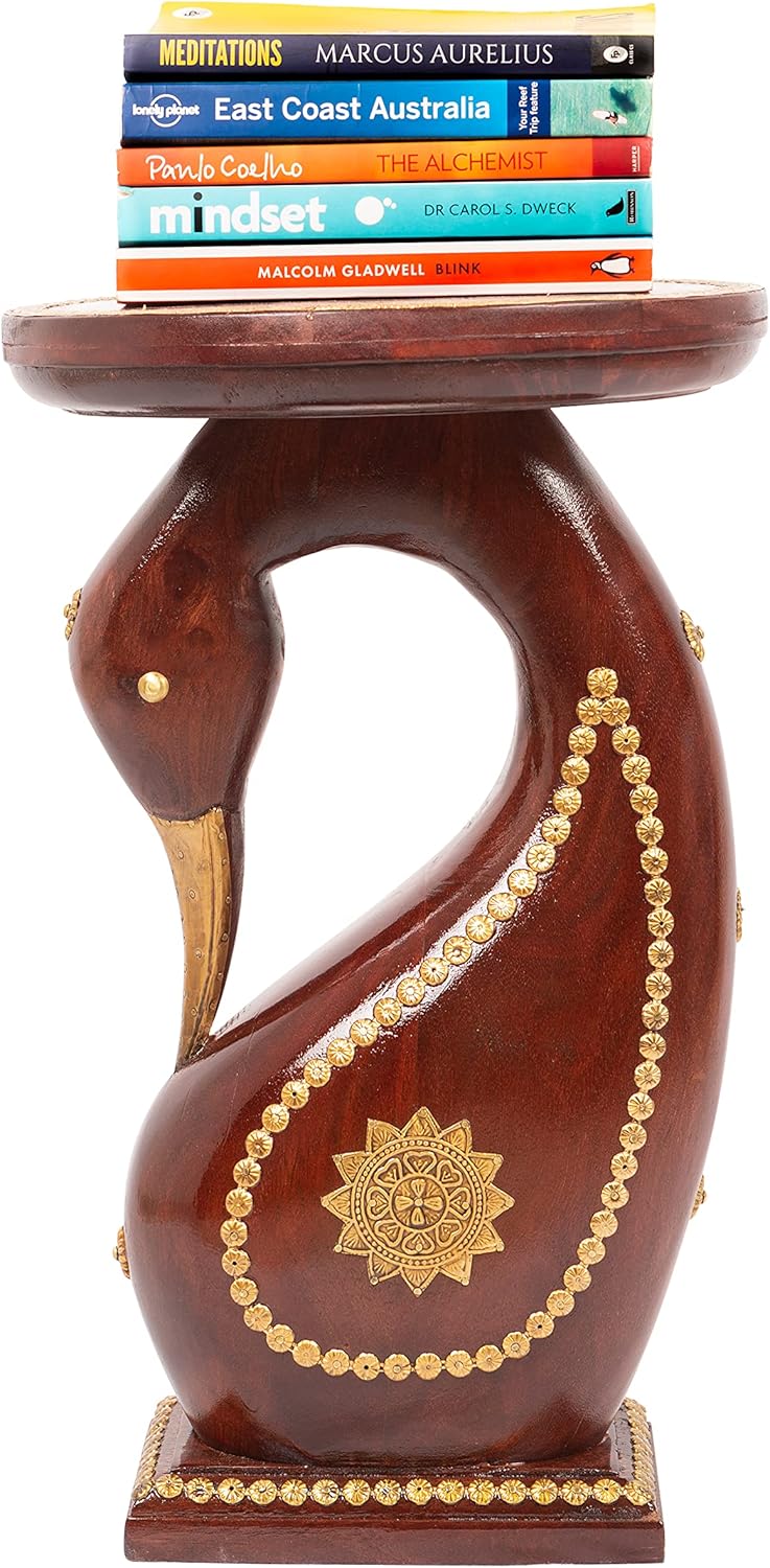 Hand Carved Dark Brown Wooden Elephant Side Table with Brass Accents W609941