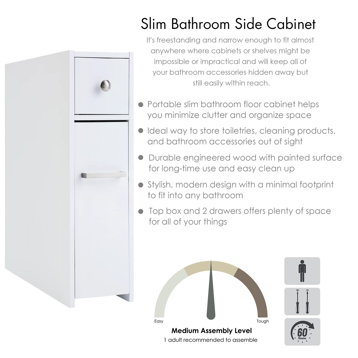 White Slim Bathroom Storage Cabinet with Toilet Paper Holder and Slide Out Drawer J30337