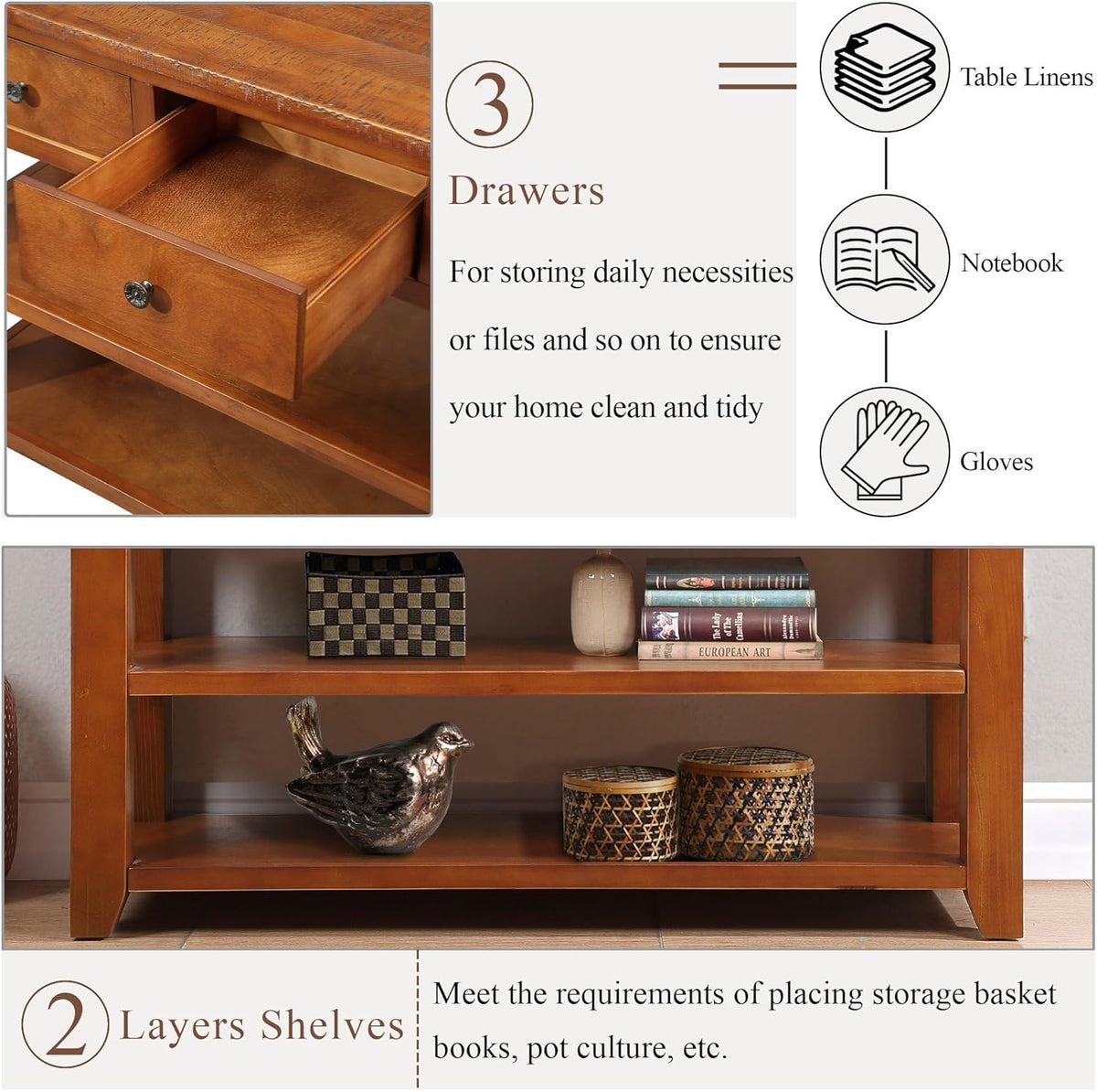 Long Console Table with 3 Storage Drawers and Double Bottom Open Shelves, 50" W x 16" D x 30" H, Brown S490210