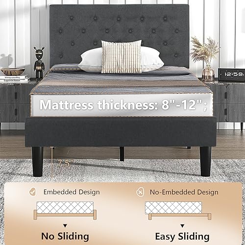 Grey Twin Size Upholstered Platform Bed Frame with Headboard O824938