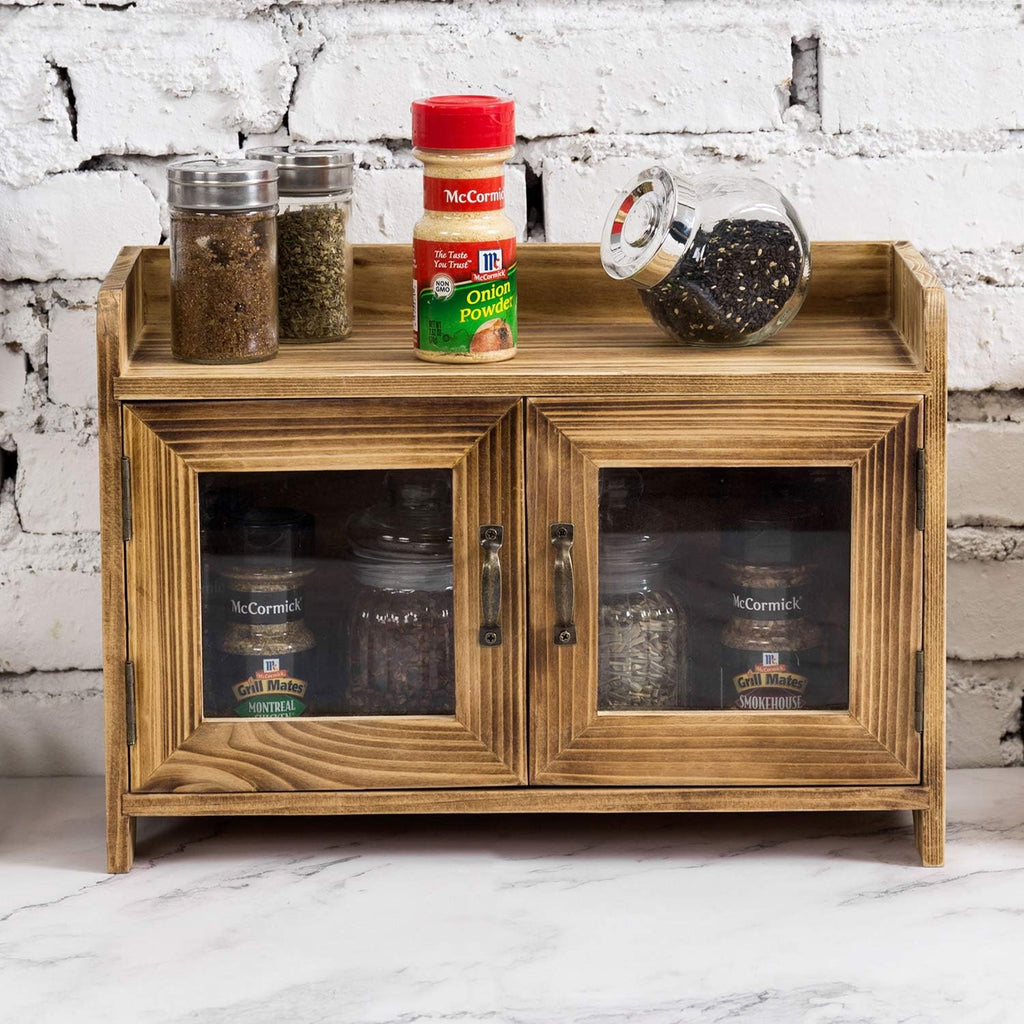 Dark Brown Wood Counter Top Storage Cabinet with Glass Windows S284