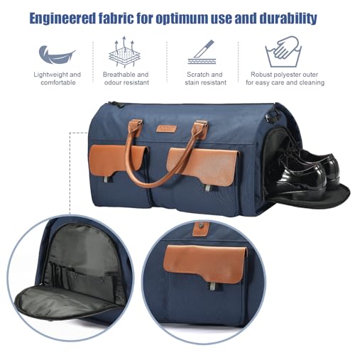 Convertible Garment Bag, Leatheret Carry on Travel Duffel Bag with Shoe Compartment, 2 in 1 Hanging Suit Bag (Brown) I185