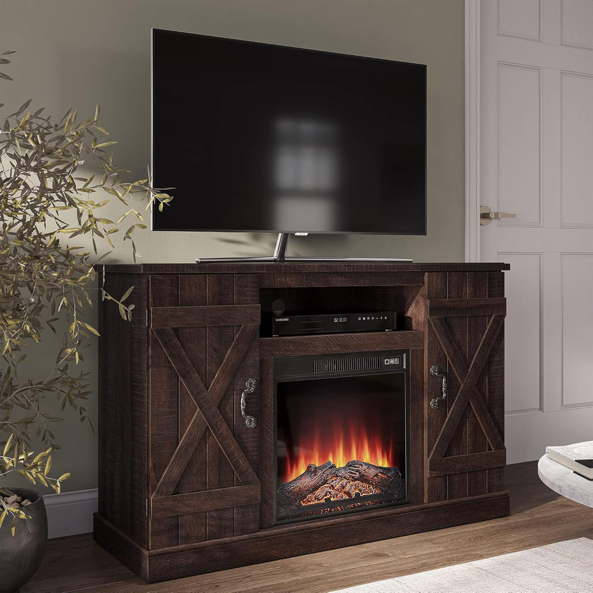 Rustic Wood TV Stand & Media Console Table with Storage Shelves & Cabinets W8308