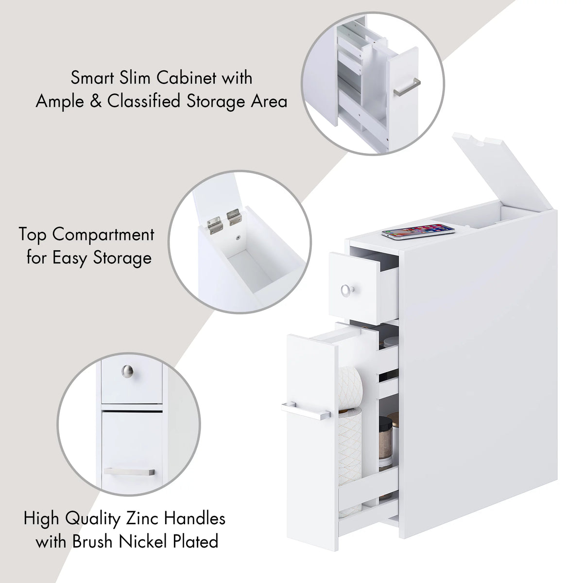White Slim Bathroom Storage Cabinet with Toilet Paper Holder and Slide Out Drawer J30337