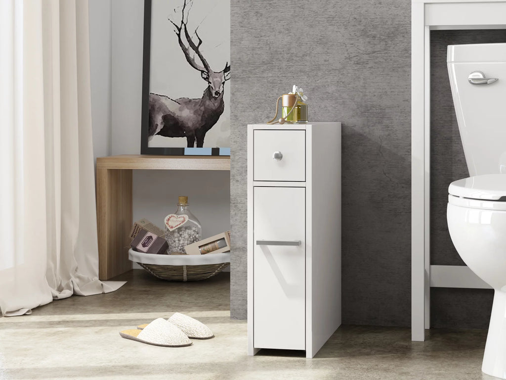White Slim Bathroom Storage Cabinet with Toilet Paper Holder and Slide Out Drawer J30337