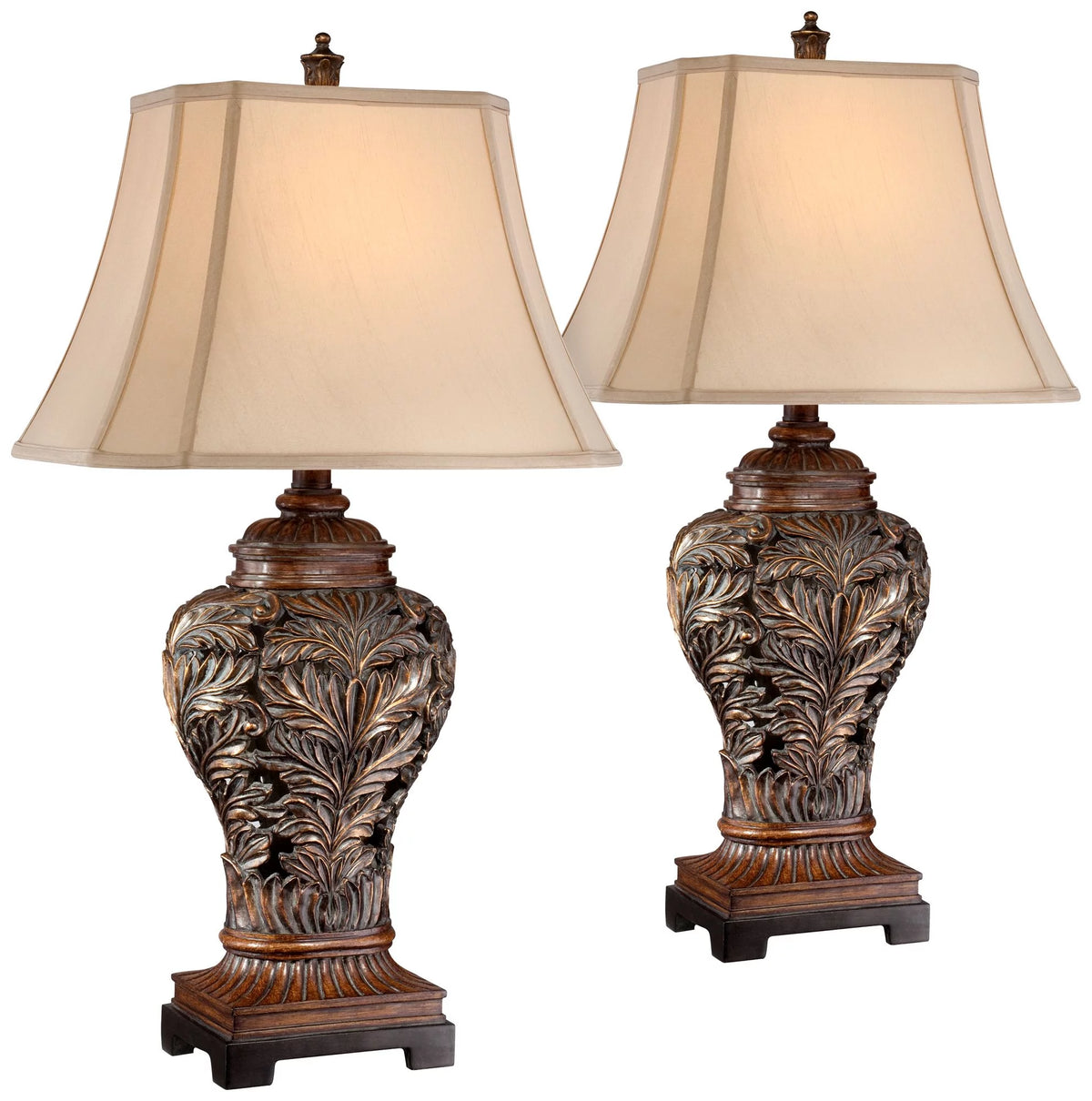 Traditional Table Lamps 32.5" Tall Set of 2 Bronze Tan Rectangular Shade P660
