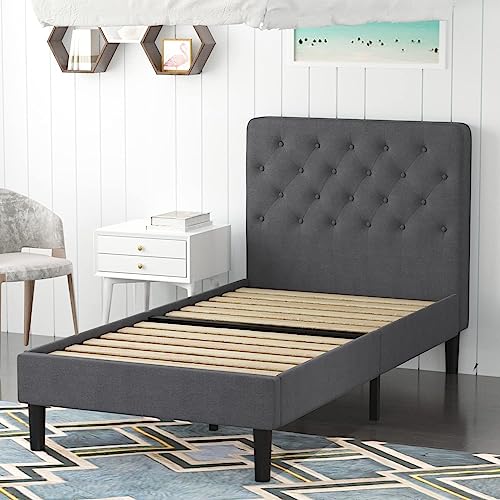 Grey Twin Size Upholstered Platform Bed Frame with Headboard O824938