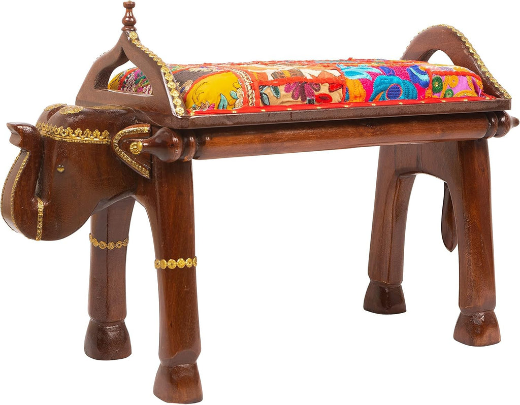 Hand Carved Dark Brown Wooden Elephant Side Table with Brass Accents W609941