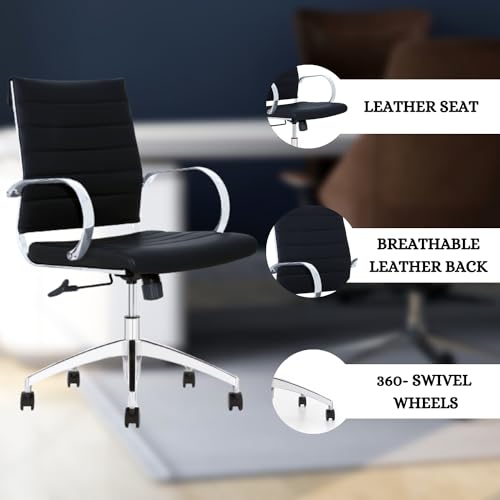 Black Ribbed Mid Back Conference Room Chairs with 360 Swivel Rolling Wheels (Pack of 8) G9436