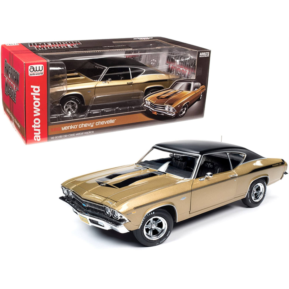 1969 Chevrolet Chevelle Yenko Hardtop Olympic Gold Metallic with Black Top and Black Stripes 1/18 Model Car Y3295