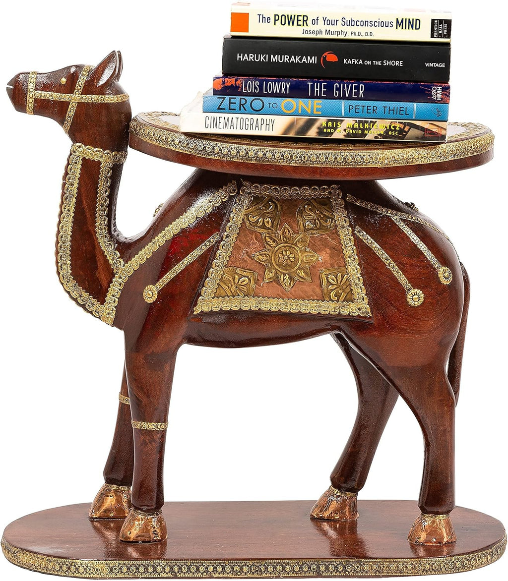 Hand Carved Dark Brown Wooden Elephant Side Table with Brass Accents W609941